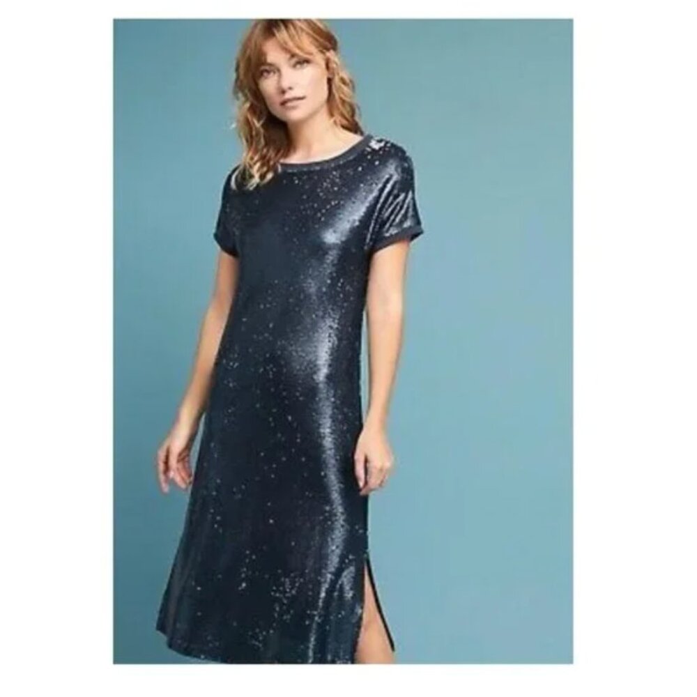 MOULINETTE SOEURS Interstellar navy blue sequin midi shirt dress